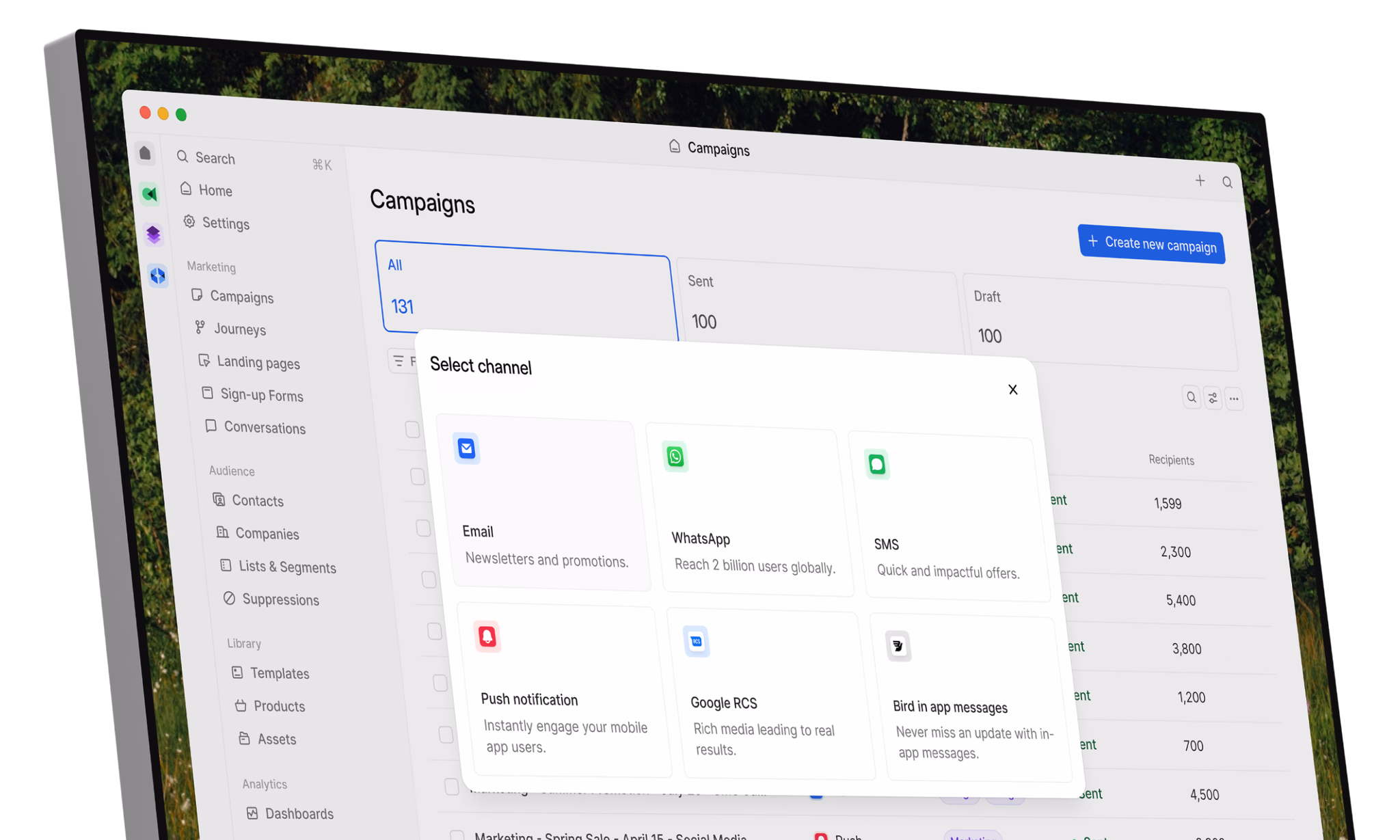 A dashboard showing the app marketplace with available integrations across marketing, commerce, and operations categories.