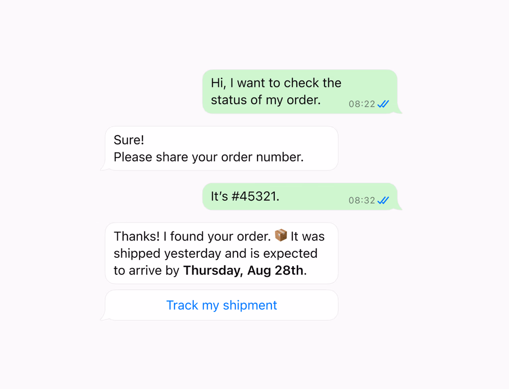 A chat inbox with an AI-powered chatbot conversing with a customer, displaying personalized responses and escalation options.