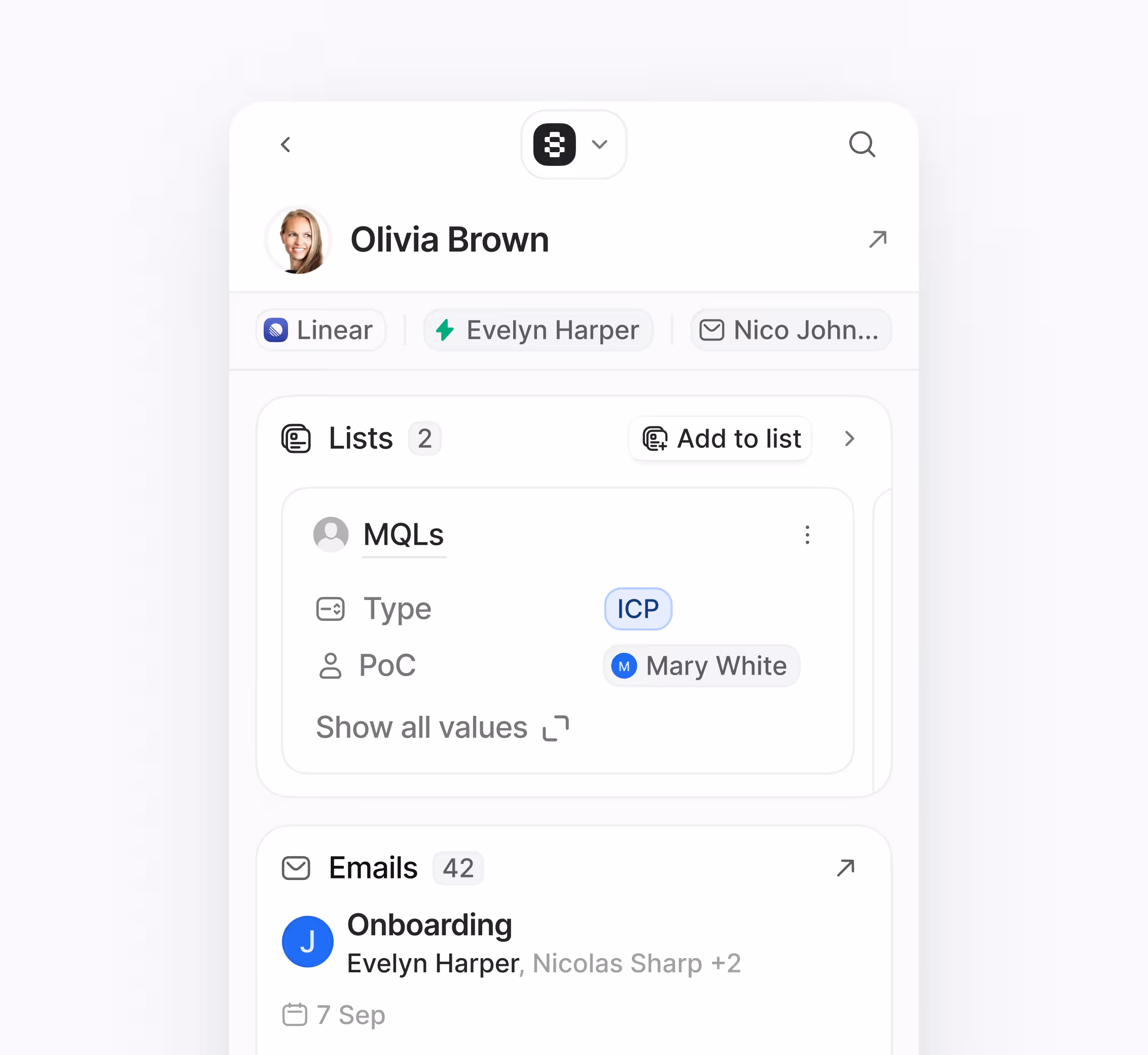 A CRM dashboard showing pre-meeting prep with talking points and post-meeting follow-up drafts for prospects.
