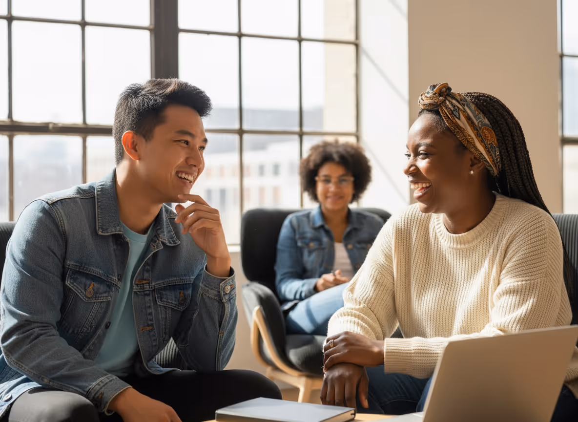Three young adults having a friendly conversation in a bright room with large windows, one holding a laptop.