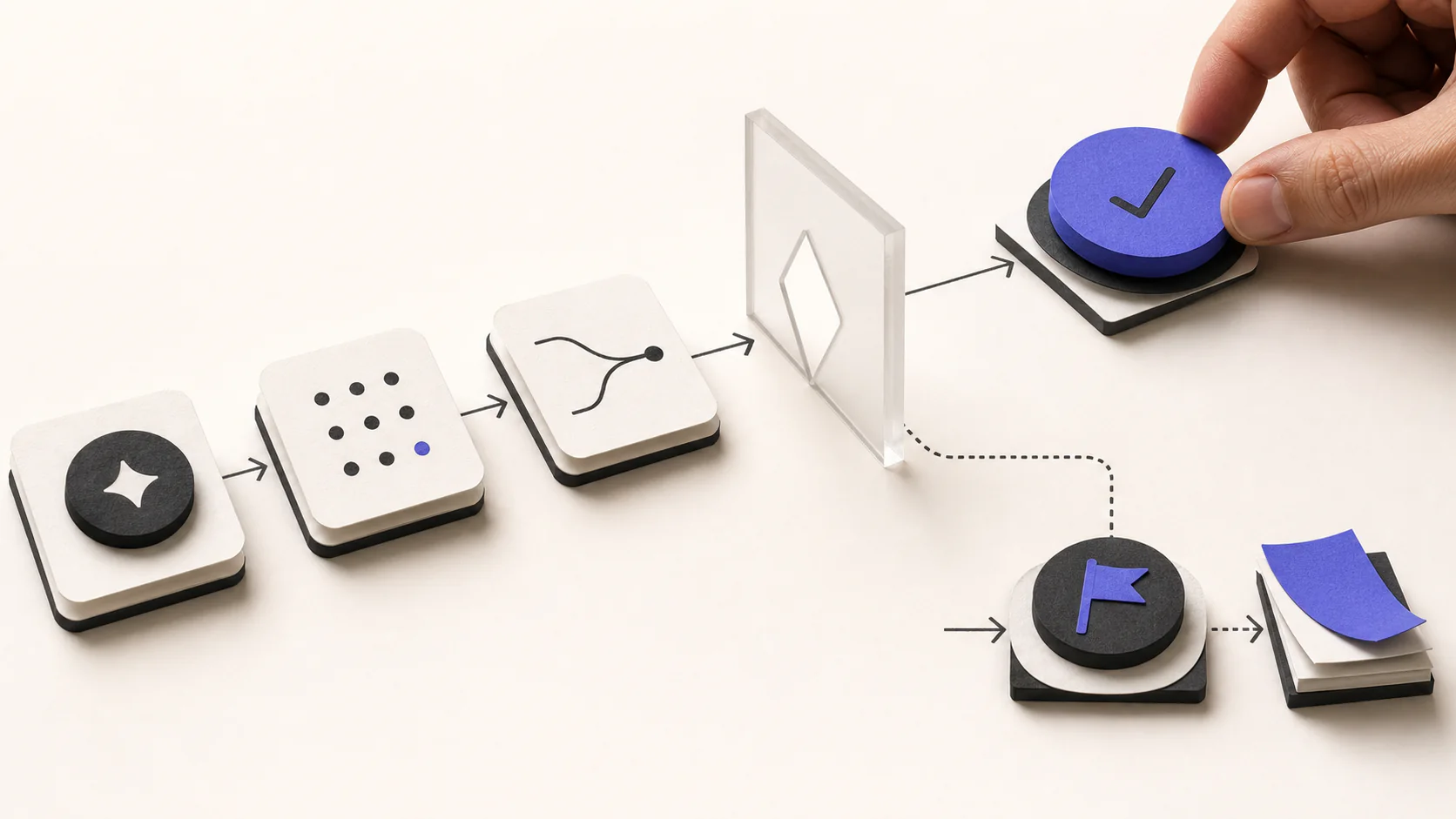 Editorial still life of workflow modules passing through a review gate with an escalation branch