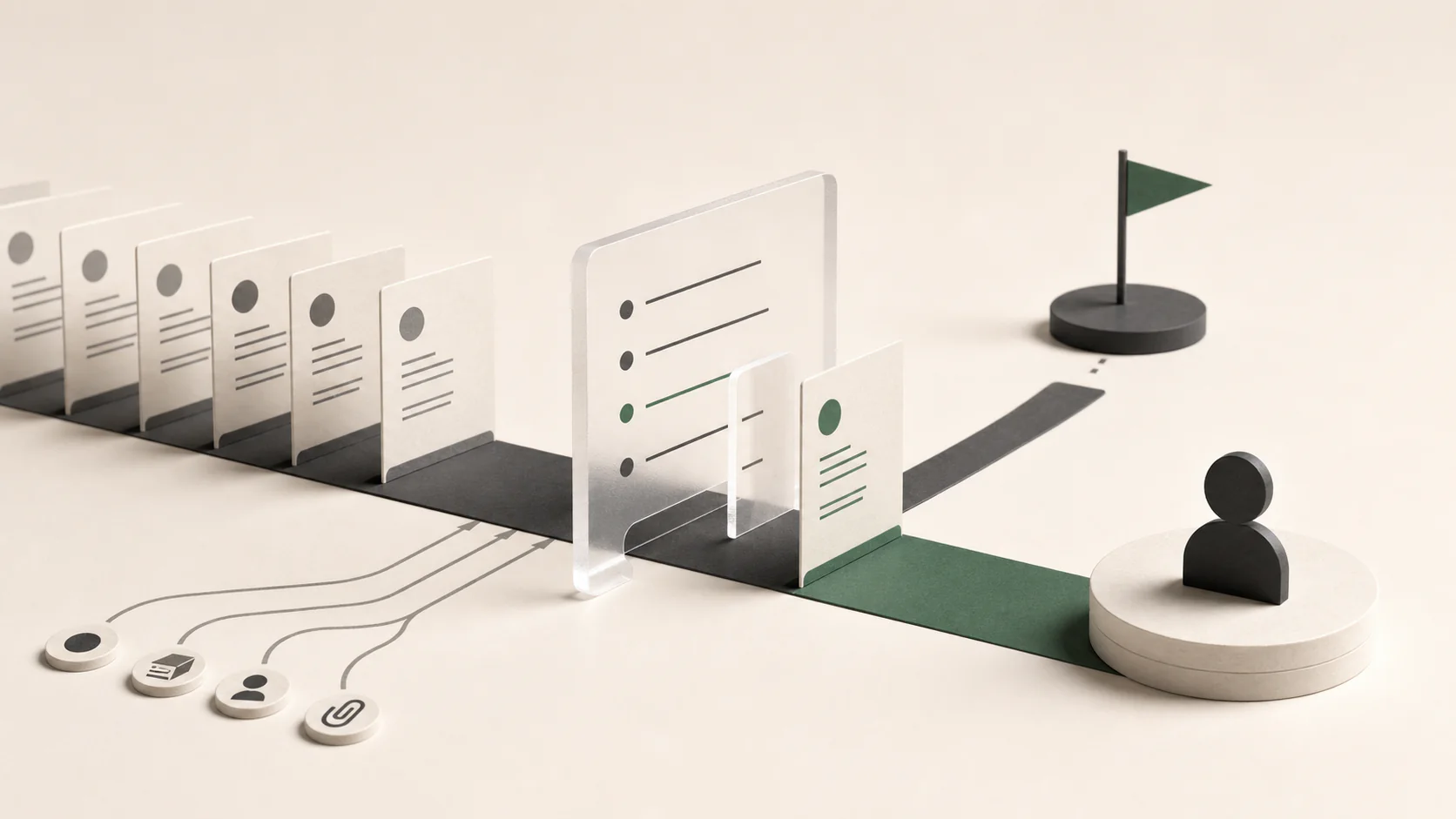Research still life of account cards passing through a transparent scoring frame to human review