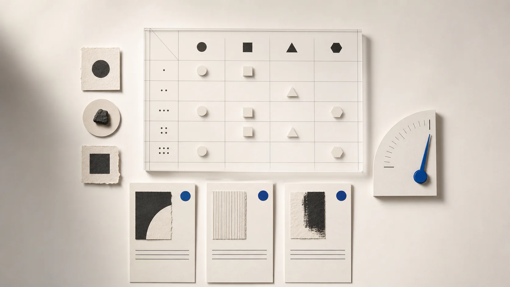 Research still life of a rubric grid, anonymized work samples, and a calibrated measurement element